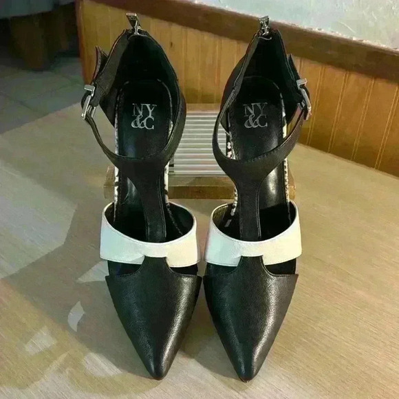 NY&C Black and White Colorblock Heels with Ankle Straps - Picture 1 of 10